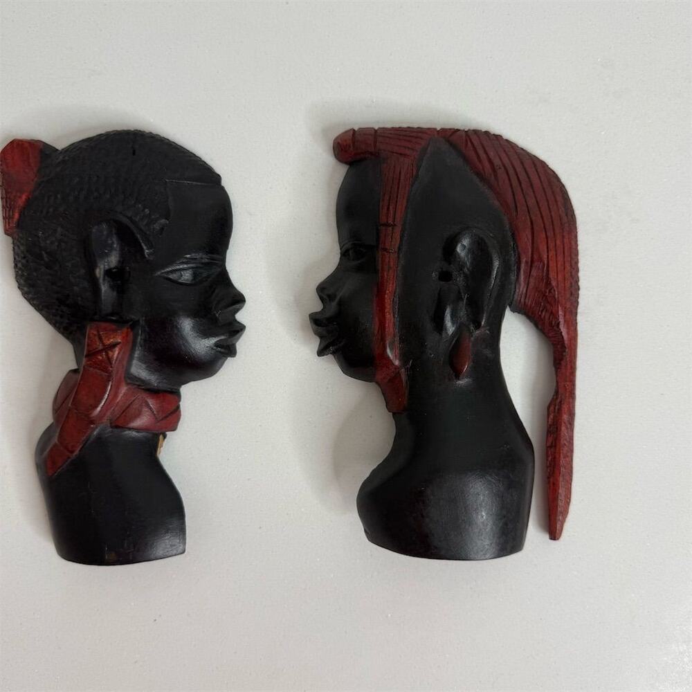 Hand Carved African Wooden Busts - Man and Woman Black Red Accents